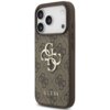 Brązowe etui na telefon z wzorem 4G i dużym logo w kolorze złotym, z napisem "GUESS" na dole. Etui posiada wycięcia na aparat i przyciski boczne.