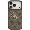 Brązowe etui na telefon z wzorem w logo 4G i dużym, metalicznym logo "G" na środku. Na dole widoczny jest napis "GUESS".