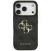 Czarne etui na telefon z wyraźnym, złotym logo "4G" oraz napisem "GUESS" na dole, ozdobione subtelnym wzorem w tle. W górnej części widoczne są wycięcia na trzy obiektywy aparatu i inne elementy telefonu.
