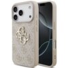Etui na telefon w kolorze różowym z dużym, złotym logo "4G" oraz napisem "GUESS" na tle wzoru z drobnymi logotypami. Etui jest dopasowane do modelu Apple iPhone 17 Pro, z widocznymi wycięciami na aparat i przyciski.