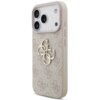 Etui na telefon w kolorze różowym z wyraźnym, złotym logo "4G" oraz napisem "GUESS" na tle wzoru z drobnymi literami. Etui posiada wycięcia na trzy obiektywy aparatu oraz przyciski boczne.