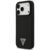 Czarne etui na telefon z trzema wycięciami na aparaty i jednym na lampę błyskową, ozdobione metalowym logo w kształcie trójkąta z napisem "GUESS U.S.A.". Na boku etui znajdują się dwa przyciski.