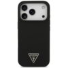 Czarne etui na telefon z trzema wycięciami na aparaty i logo w kształcie trójkąta z napisem "GUESS U.S.A." na dole. Etui jest przeznaczone do modelu Apple iPhone 17 Pro Max i posiada funkcję MagSafe.