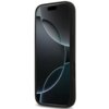 Czarne etui na telefon z gładką powierzchnią i wycięciami na przyciski oraz aparat. Na ekranie telefonu widoczny jest abstrakcyjny wzór z ciemnymi, zaokrąglonymi kształtami.