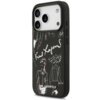 Czarne etui na telefon z białymi szkicami postaci i podpisem "Karl Lagerfeld" na powierzchni, posiada wycięcia na trzy obiektywy aparatu oraz przyciski boczne. Na dole widoczny jest napis "KARL LAGERFELD".