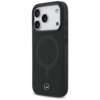 Czarne etui na telefon z trzema widocznymi otworami na aparaty oraz logo Mercedes na dole. Etui ma gładką powierzchnię i jest przystosowane do technologii MagSafe.