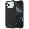 Czarne etui na telefon z logo Mercedes na dole, zaprojektowane do iPhone 17 Pro Max, z widocznym okręgiem MagSafe na tylnej części. Obok etui znajduje się telefon z wyświetlaczem pokazującym abstrakcyjny wzór.