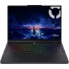 Laptop z otwartym ekranem wyświetlającym grafikę przedstawiającą futurystyczne miasto z błyskawicami na niebie, z logo "Lenovo LEGION" w rogu. Klawiatura podświetlona jest w kolorach tęczy.