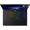Czarny laptop z podświetlaną klawiaturą w kolorach tęczy, na ekranie widoczna jest grafika przedstawiająca miasto z błyskawicami na niebie. W prawym dolnym rogu ekranu znajduje się logo z napisem "Legion".