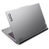 Srebrny laptop z widocznym logo "LOQ" na pokrywie, z otwartą klawiaturą i portami z tyłu. Na obudowie znajduje się również logo "Lenovo".