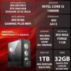 Na zdjęciu znajduje się komputer z podświetleniem RGB oraz szczegółowa specyfikacja techniczna: karta graficzna MSI GeForce RTX 5060 8GB Shadow 2X OC Bulk, procesor Intel Core i5 14600K, płyta główna MSI B760 Gaming Plus WiFi, chłodzenie MSI AA13, zasilan
