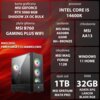 Na zdjęciu znajduje się komputer z podświetleniem RGB oraz szczegółowe specyfikacje techniczne, w tym karta graficzna MSI GeForce RTX 5060 8GB, procesor Intel Core i5 14600K, płyta główna MSI B760 Gaming Plus WiFi, zasilanie MSI MAG A650BN 650W 80+ Bronze