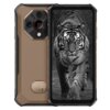 Smartfon z piaskową obudową i wyświetlaczem, na którym widoczny jest czarno-biały obraz tygrysa. Na obudowie znajduje się napis: "Designed & Manufactured by uleFone CE".