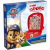 Pudełko gry logicznej z motywem "Psi Patrol" przedstawia kolorowe postacie z bajki na tle krajobrazu z wschodzącym słońcem. Na opakowaniu widnieje napis "TOP TRUMPS MATCH THE CRAZY CUBE GAME" oraz logo "PAW Patrol".