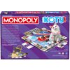 Fioletowe pudełko gry planszowej z napisem "MONOPOLY" oraz "EDYCJA KOTY", przedstawiające planszę gry z motywem kotów i ilustracjami kotów. Na pudełku znajduje się tekst opisujący grę oraz zawartość: "6 pionków, 28 kart Tytuł Własności, 16 kart Szansa, 16