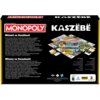 Gra planszowa Monopoly Kaszuby, opakowanie z napisem "MONOPOLY KASZËBË" oraz ilustracją planszy gry. Tekst na opakowaniu: "Witómë na Kaszëbach" i "Witamy na Kaszubach!" opisuje atrakcje regionu, a poniżej znajduje się lista zawartości gry.