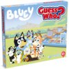 Na zdjęciu znajduje się pudełko gry towarzyskiej z postaciami z kreskówki oraz planszą z kartami. Widoczne napisy to "BLUEY" i "Guess Who?", a w prawym dolnym rogu znajduje się oznaczenie wiekowe "6+".