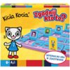 Na zdjęciu znajduje się opakowanie gry towarzyskiej "Zgadnij kto to? Kicia Kocia" z kolorową planszą i kartami postaci. Widoczny jest napis "ORYGINALNA GRA W ZGADYWANIE" oraz postać Kici Koci na żółtym tle.