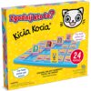 Żółte pudełko gry towarzyskiej "Zgadnij kto to? Kicia Kocia" z ilustracją postaci Kici Koci oraz planszą z kartami postaci. Na opakowaniu widnieją napisy: "Czy twoja postać jest dorosła?", "Czy twoja postać jest kotem?", "24 postaci", "ODGADNIJ, KIM JEST 