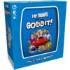 Pudełko gry logicznej z napisem "TOP TRUMPS GODDIT!" na niebieskim tle, ozdobione różnorodnymi obrazkami, w tym samochodem, zwierzętami i postaciami. Na dole widnieje napis "Play it. Find it. GODDIT!", a po lewej stronie znajdują się ikony wskazujące na l