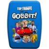 Na niebieskim tle widoczny jest napis "TOP TRUMPS GODDIT!" oraz różnorodne elementy graficzne, takie jak samochód, pies, rekin, tygrys, dinozaur, wieża i inne postacie.