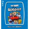 Na niebieskim tle znajduje się kolorowa grafika z różnymi elementami, w tym samochodem, zwierzętami i budynkiem, z napisem "TOP TRUMPS GODDIT!" u góry. Na dole widnieje tekst: "Play it. Find it. GODDIT!" oraz oznaczenia wiekowe i liczby graczy.