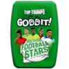 Zielone opakowanie gry logicznej z napisem "TOP TRUMPS GODDIT! WORLD FOOTBALL STARS" oraz grafiką przedstawiającą pięciu piłkarzy w kolorowych strojach.