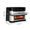 Frytkownica beztłuszczowa z wyświetlaczem dotykowym pokazującym temperaturę 200°C i czas 15:00, z widocznym logo "Tefal" oraz wymiarami: wysokość 30,7 cm, głębokość 36,4 cm, szerokość 47,4 cm. Na dolnej szybie urządzenia widać pieczone jedzenie.