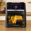 Czarna frytkownica beztłuszczowa z wyświetlaczem cyfrowym pokazującym temperaturę 180°C oraz przyciskiem "Start/Stop". Na froncie widoczne jest logo "Tefal Easy Fry Silence" oraz przezroczysta szyba ukazująca pieczone jedzenie.