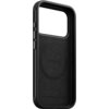 Czarne etui na telefon z wycięciem na aparat i przyciski boczne, wewnątrz widoczny okrągły wzór z napisem "NOMAD". Na boku etui znajduje się wytłoczony napis "NOMAD".