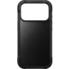Czarne etui na telefon wykonane z gładkiej skóry, z dużym otworem na aparat w górnej części. Produkt ma solidną, ochronną ramkę wokół krawędzi.