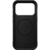 Czarne etui na telefon z wycięciem na aparat, wykonane z materiału przypominającego skórę, z widocznym logo "NOMAD Horween Leather Co." oraz okrągłym wzorem sugerującym kompatybilność z MagSafe. Produkt przeznaczony jest do modelu Apple iPhone 17 Pro.