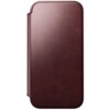 Bordowe etui wykonane z gładkiej skóry, z zaokrąglonymi krawędziami i widocznymi przeszyciami wzdłuż brzegów. Produkt nie posiada widocznych napisów ani logo.