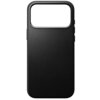 Czarne etui wykonane z gładkiej skóry, z dużym wycięciem na aparat w górnej części. Produkt jest przeznaczony do telefonu Apple iPhone 17 Pro Max i obsługuje technologię MagSafe.
