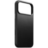 Czarne etui wykonane z gładkiej skóry, z dużym wycięciem na aparat i przyciskami po bokach. Produkt przeznaczony do telefonu Apple iPhone 17 Pro Max, kompatybilny z MagSafe.