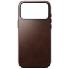 Brązowe etui wykonane z gładkiej skóry, z dużym otworem na aparat w górnej części. Etui ma zaokrąglone rogi i widoczne przyciski boczne.