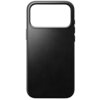 Czarne etui wykonane z gładkiej skóry, z dużym wycięciem na aparat w górnej części. Produkt ma smukły design i jest przeznaczony do telefonu.