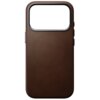 Brązowe etui wykonane z gładkiej skóry, z dużym otworem na aparat w górnej części. Po bokach widoczne są przyciski, a całość ma elegancki, minimalistyczny design.