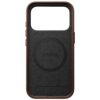 Brązowe etui skórzane z dużym otworem na aparat, widocznym logo "NOMAD" oraz okrągłym wzorem na środku, przeznaczone do telefonu Apple iPhone 17 Pro.