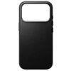 Czarne etui wykonane z gładkiej skóry, z dużym otworem na aparat w górnej części. Produkt jest przeznaczony do telefonu Apple iPhone 17 Pro i obsługuje technologię MagSafe.