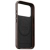 Brązowe etui z logo "NOMAD" i napisem "Horween Leather Co." na wewnętrznej stronie, przeznaczone do telefonu Apple iPhone 17 Pro, z widocznymi przyciskami bocznymi. Wnętrze etui ma okrągłe wycięcie na MagSafe.