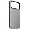 Szare etui na telefon z dużym otworem na aparat, wykonane z gładkiego materiału, z widocznymi przyciskami bocznymi. Produkt ma minimalistyczny design i jest przeznaczony do modelu iPhone 17 Pro Max.