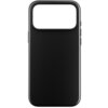 Czarne etui na telefon z dużym otworem na aparat, wykonane z gładkiego materiału. Produkt ma minimalistyczny design i jest przeznaczony do konkretnego modelu telefonu.