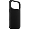 Czarne etui na telefon z dużym otworem na aparat, widoczne są przyciski boczne. Produkt ma gładką powierzchnię i minimalistyczny design.