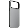 Jasnoszare etui na telefon z dużym otworem na aparat, czarnymi krawędziami i widocznymi przyciskami bocznymi. Produkt to "Etui NOMAD Modern DuraBack do Apple iPhone 17 Pro Jasnoszary".