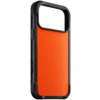 Pomarańczowe etui na telefon z czarnymi krawędziami, przeznaczone do modelu iPhone 17 Pro Max, z wycięciem na aparat i przyciski boczne. Produkt posiada solidną konstrukcję i jest kompatybilny z technologią MagSafe.