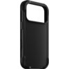 Czarne etui na telefon z wycięciem na aparat, wykonane z solidnego materiału, z widocznymi przyciskami bocznymi. Produkt ma minimalistyczny design i jest przeznaczony do modelu Apple iPhone 17 Pro.