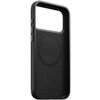 Czarne etui na telefon z wycięciem na aparat, wykonane z materiału przypominającego skórę, z widocznym napisem "NOMAD Horween Leather Co. Chicago, USA" wewnątrz. Na bocznej krawędzi znajdują się przyciski oraz napis "NOMAD".