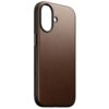 Brązowe etui wykonane z gładkiej skóry, przeznaczone do telefonu Apple iPhone 17, z wycięciami na aparat i przyciski. Produkt ma minimalistyczny design i jednolitą kolorystykę.