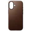Brązowe etui wykonane z gładkiej skóry, z wycięciami na aparat i przyciski, przeznaczone do telefonu. Produkt ma zaokrąglone krawędzie i minimalistyczny design.